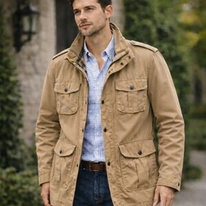 Vtg BARBOUR Men's L Washed Twill Trooper Field Jacket Tan Rugged Preppy‎ Utility